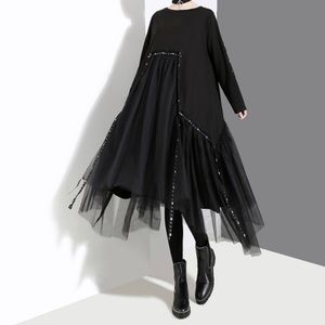 Long Sleeve Mesh Overlay Skulls Tapes Casual Style Midi Dress